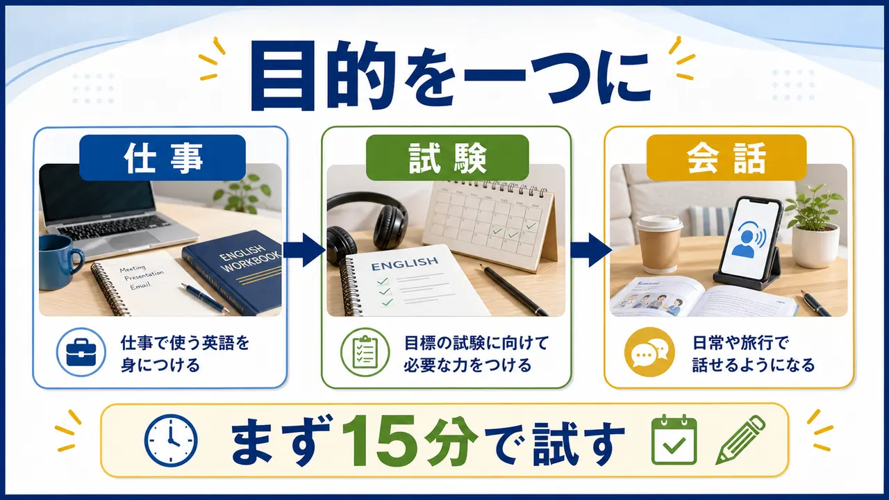 社会人が英語を仕事、試験、会話の目的別に絞って始める図