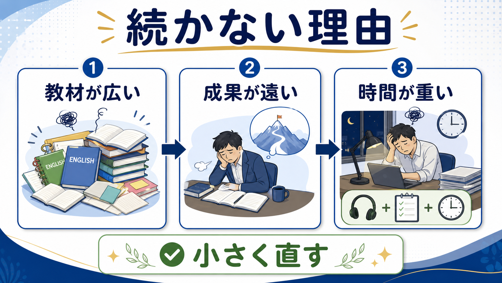 社会人の英語学習が続かない理由を教材、成果、時間に分けて整理した図