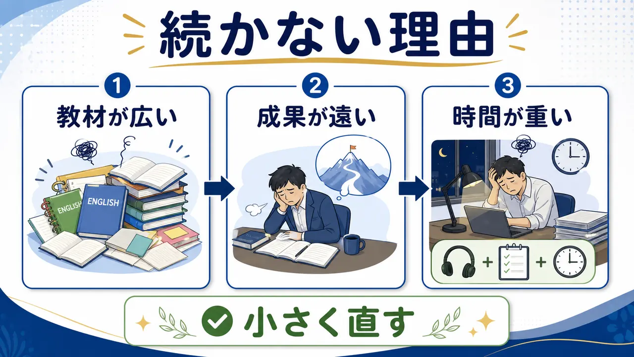社会人の英語学習が続かない理由を教材、成果、時間に分けて整理した図