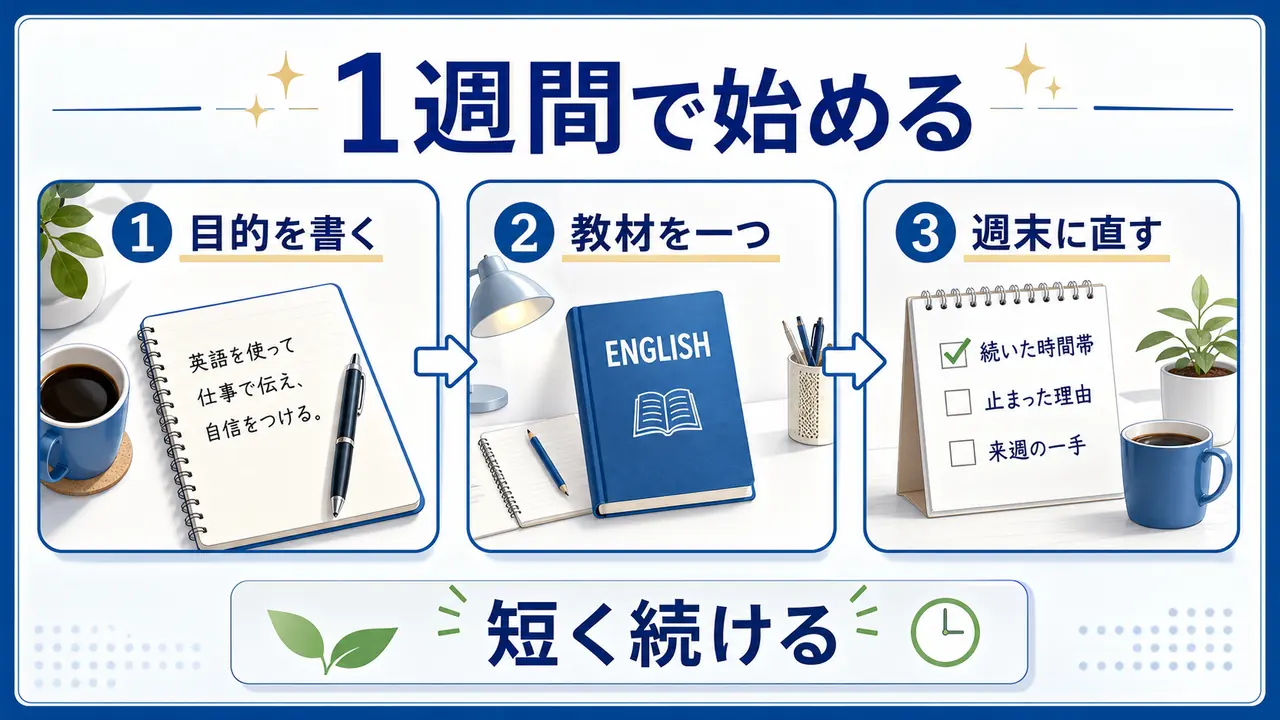 社会人が英語を1週間で始めるために目的を書き、教材を一つに絞り、週末に見直す手順の図
