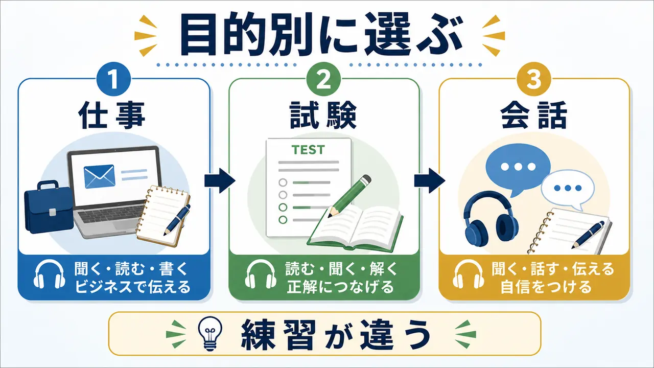 仕事、試験、会話の目的別に英語学習の始め方を選ぶ図