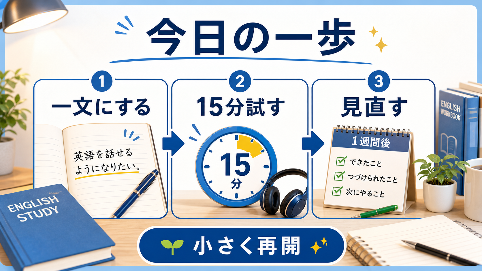 社会人が英語を今日の15分から小さく再開する図