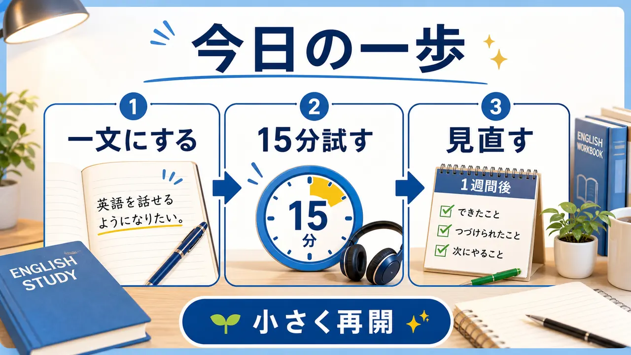社会人が英語を今日の15分から小さく再開する図