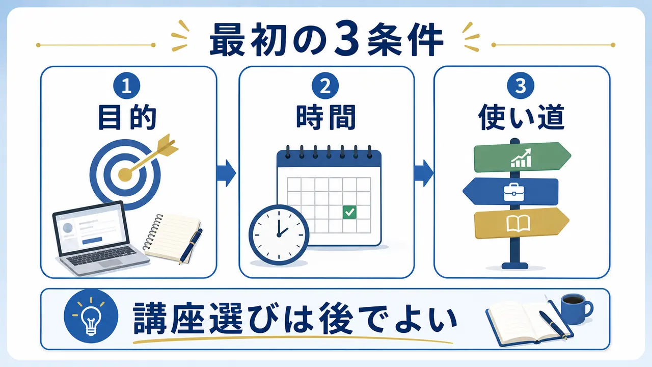 社会人の学び直しで最初に目的、時間、使い道を確認する図