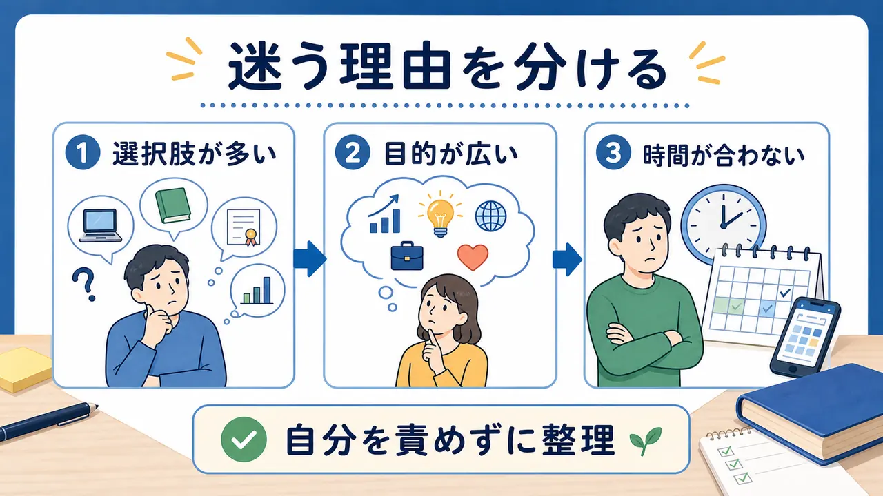 社会人が学び直しで迷う理由を選択肢、目的、時間に分けて整理した図