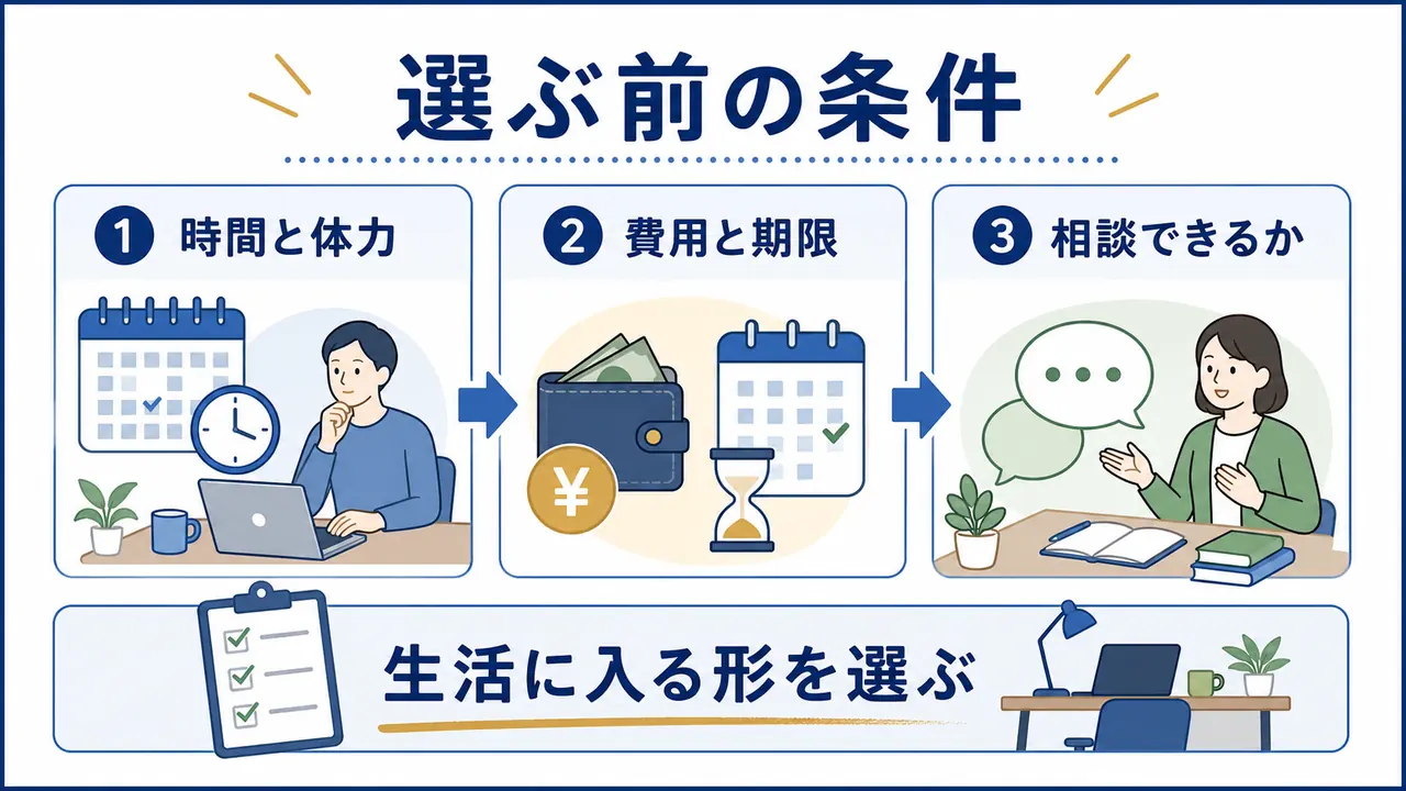 社会人が学び直しを始める前に時間、費用、相談先を確認する図