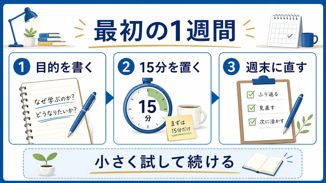 社会人が最初の1週間で目的を書き、15分学び、週末に直す手順の図