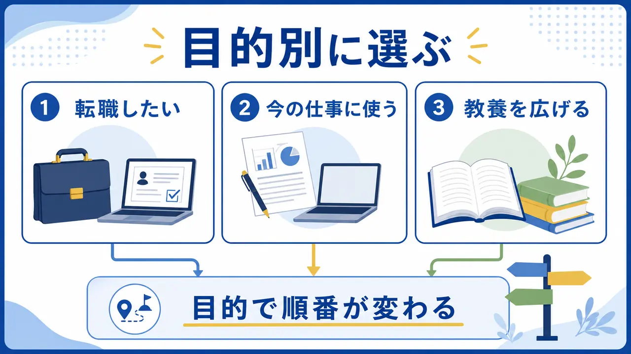 社会人が転職、今の仕事、教養の目的別に学び方を選ぶ図