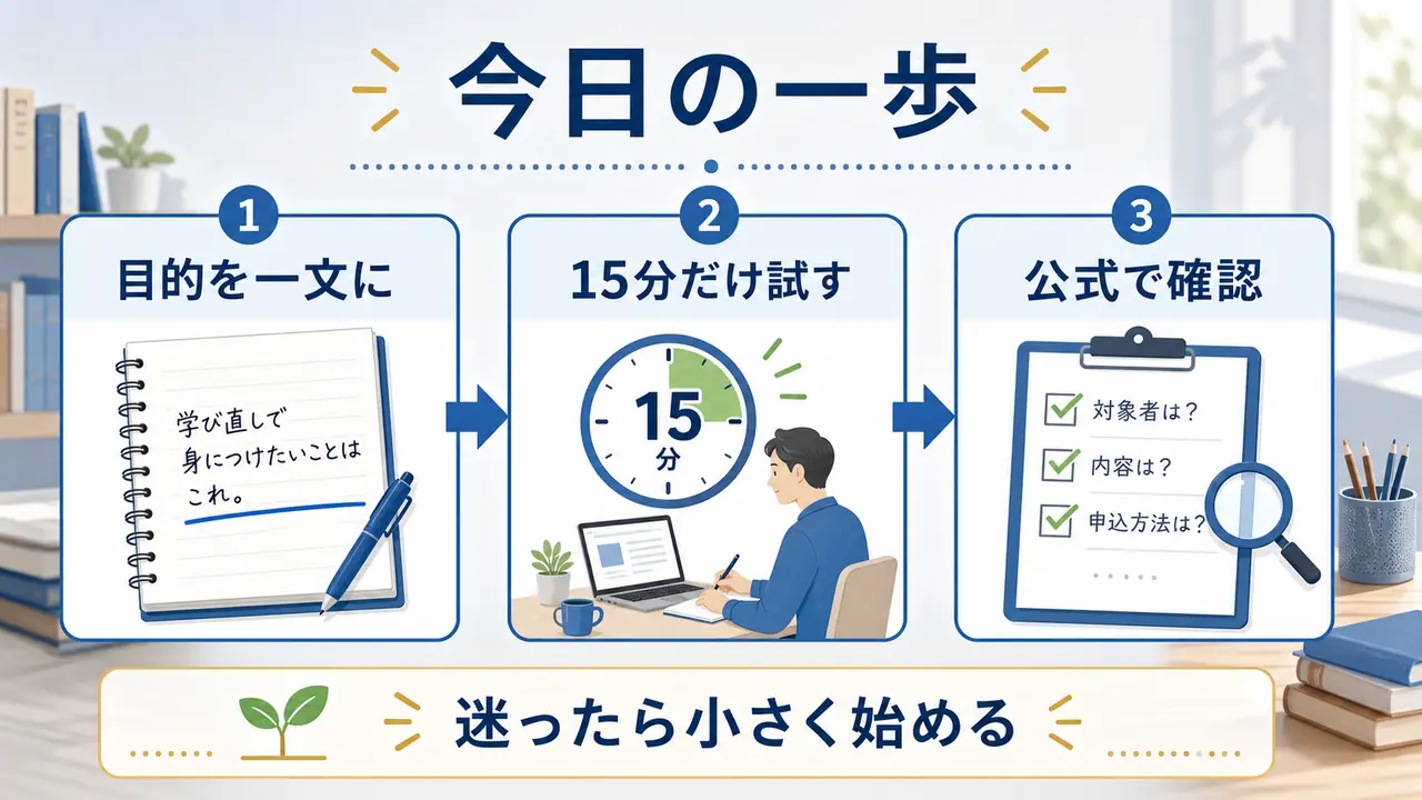 社会人が今日の一歩として目的を書き、15分試し、公式情報を確認する図