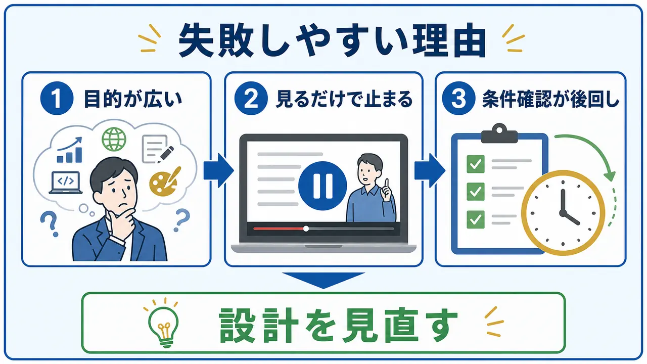 社会人がオンライン講座選びで迷う理由を目的、費用、サポートに分けて整理した図