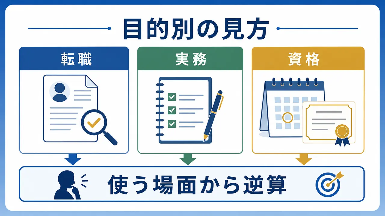 転職、実務、資格、英語の目的別にオンライン講座を選ぶ図