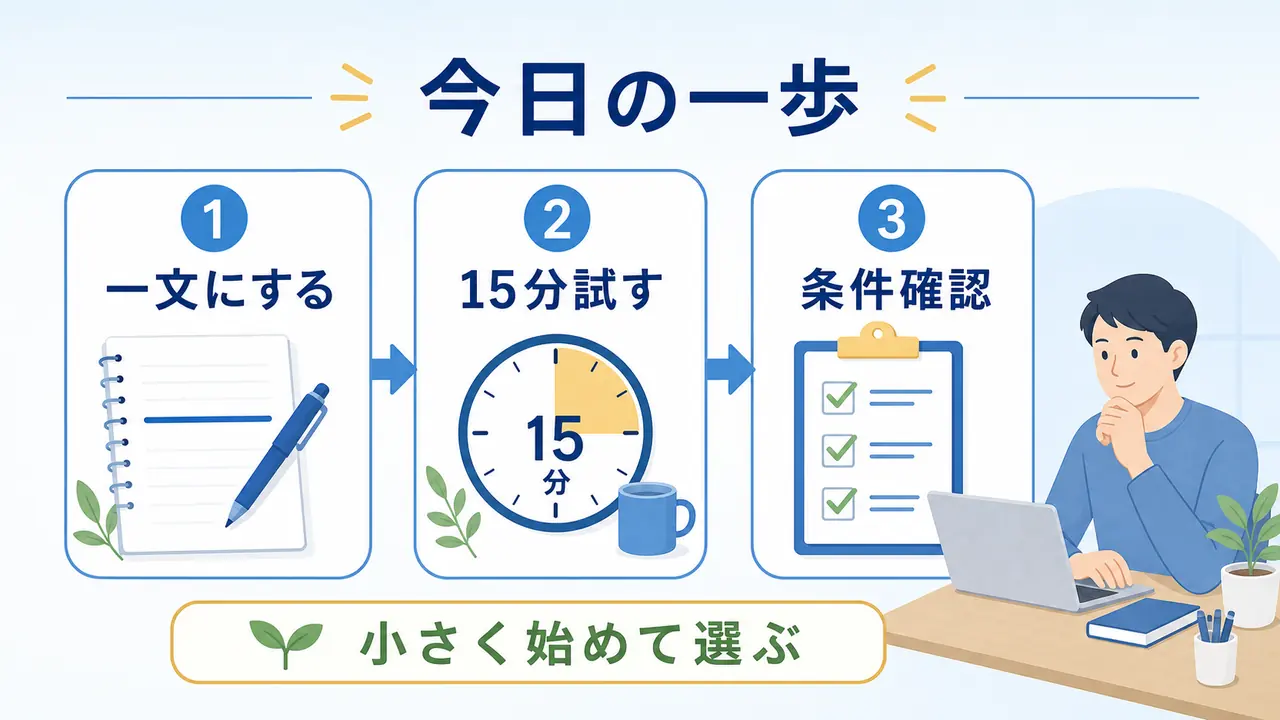 社会人がオンライン講座選びで目的を決め、1週間試し、条件を確認する図