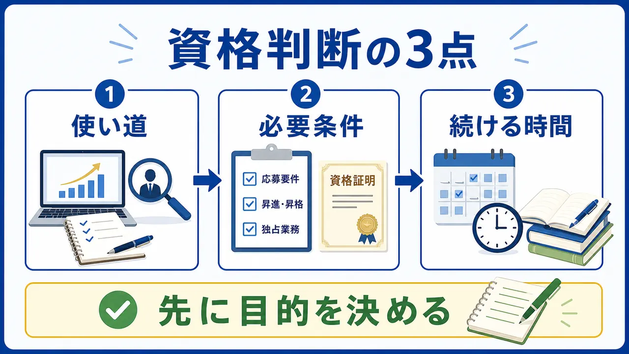 社会人が資格を取るべきかを使い道、必要条件、続ける時間で判断する図