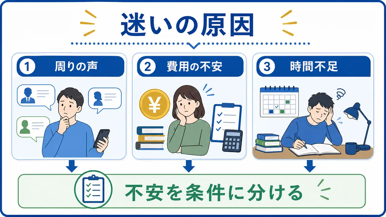 社会人が資格で迷う理由を周りの声、費用の不安、時間不足に分けて整理した図