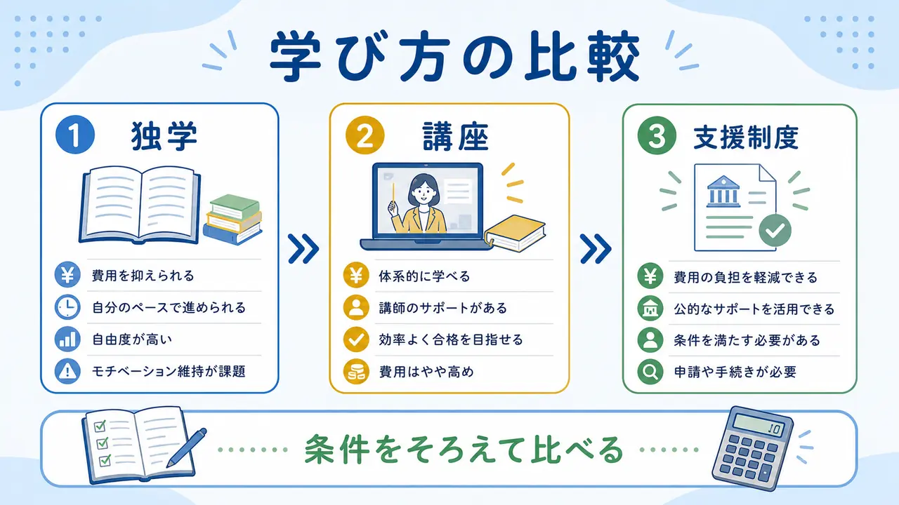 社会人が資格学習で独学、講座、支援制度を条件をそろえて比べる図