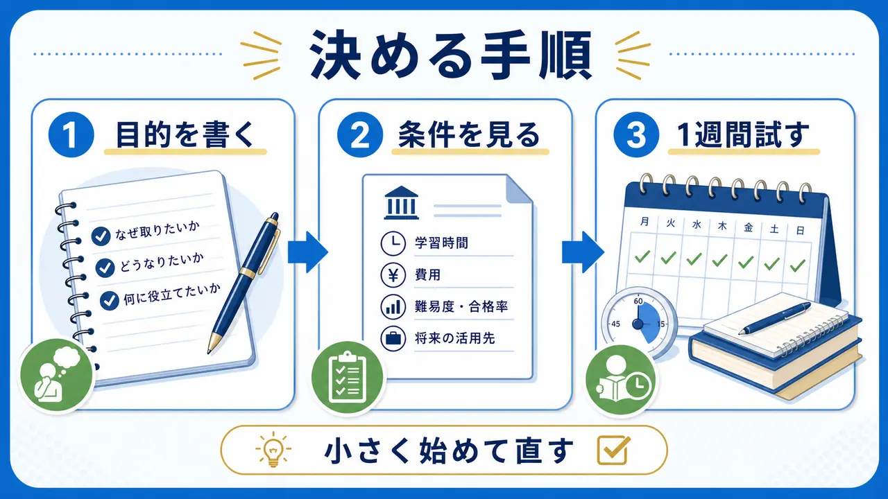 社会人が資格を決めるために目的を書き、条件を見て、1週間試す手順の図