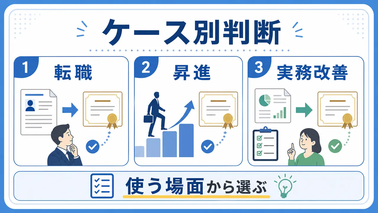 社会人が転職、昇進、実務改善の目的別に資格を判断する図