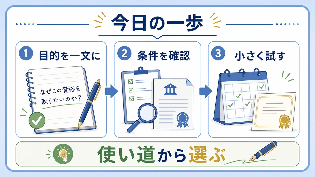 社会人が資格選びの今日の一歩として目的を一文にし、条件を確認し、小さく試す図