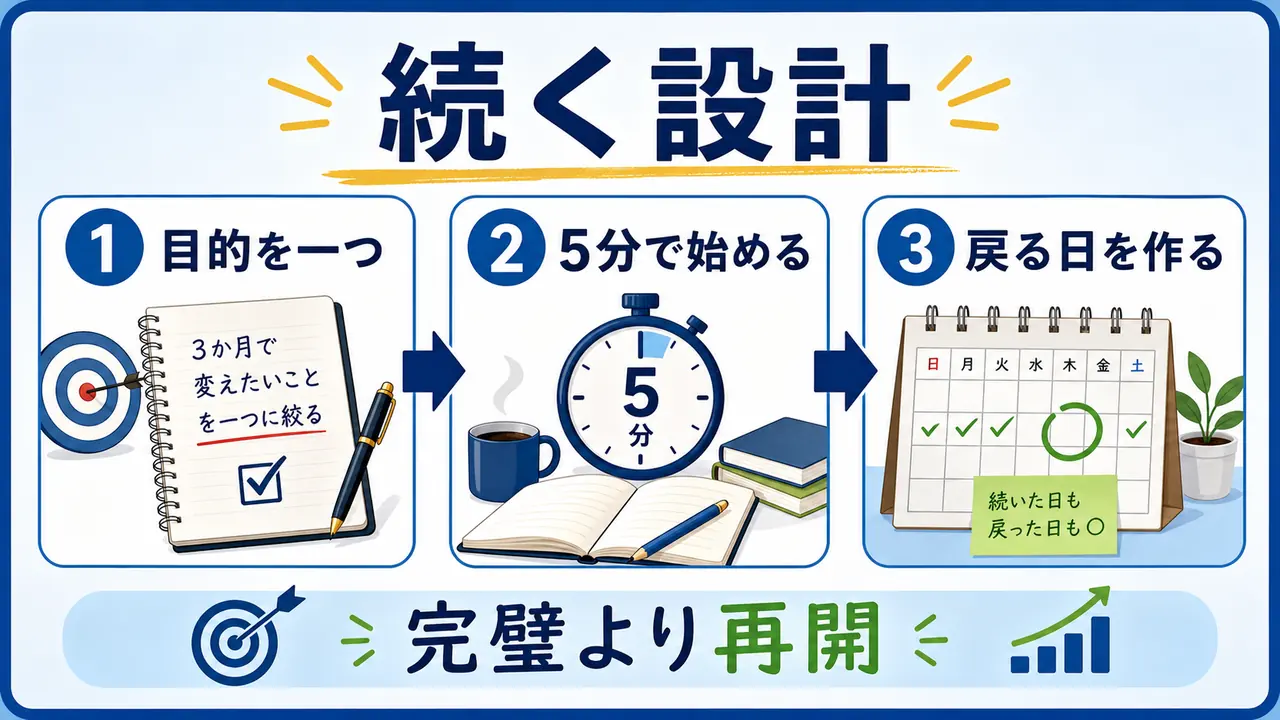 社会人の勉強を目的、5分学習、再開日で続ける設計にする図