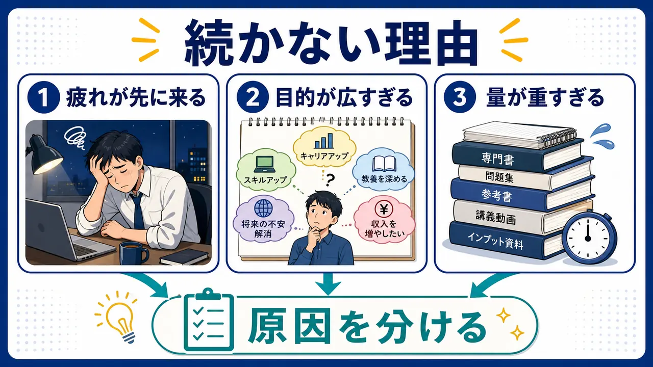 社会人の勉強が続かない理由を疲れ、目的、量に分けて整理した図