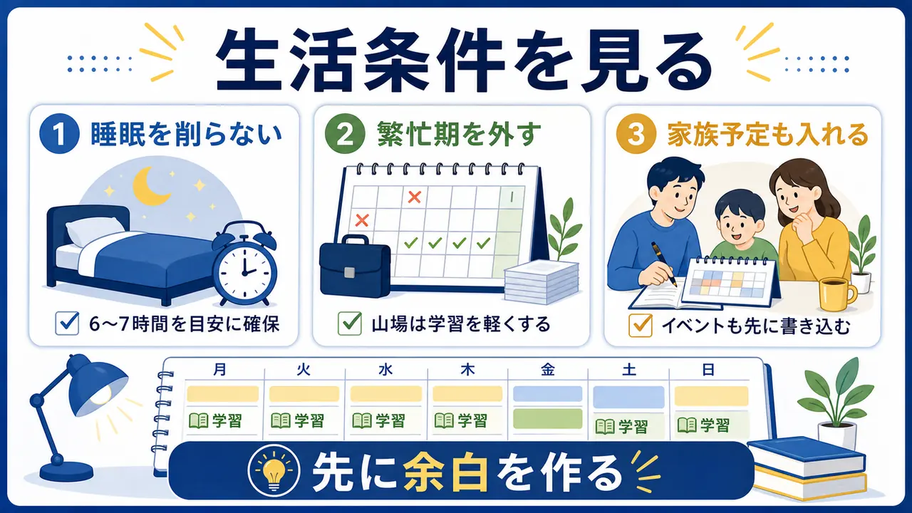 社会人が勉強前に睡眠、繁忙期、家族予定を確認する図