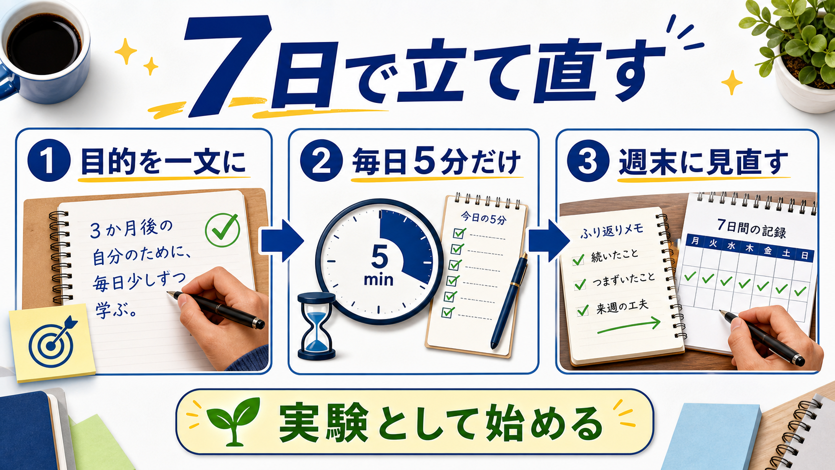 社会人が7日間で勉強習慣を立て直す手順の図