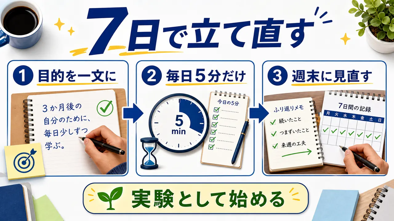 社会人が7日間で勉強習慣を立て直す手順の図