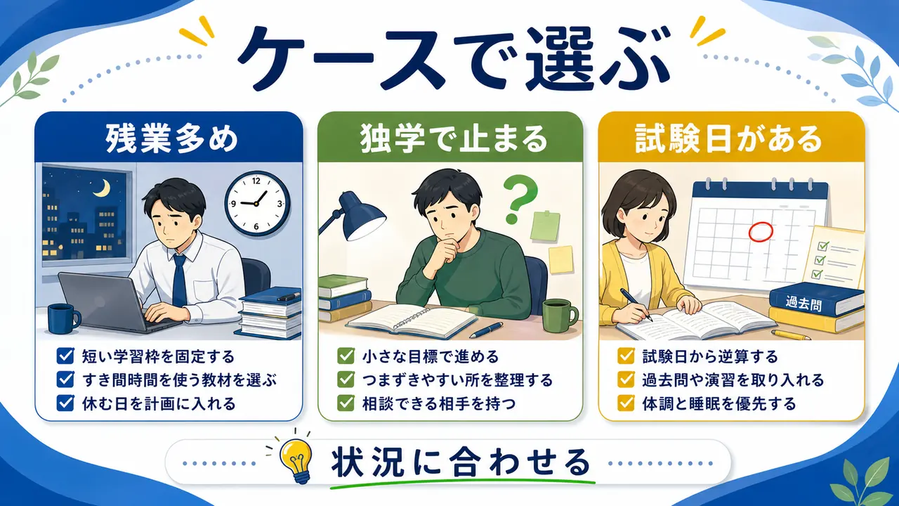 残業が多い、独学で止まる、試験日がある社会人の判断を分けた図