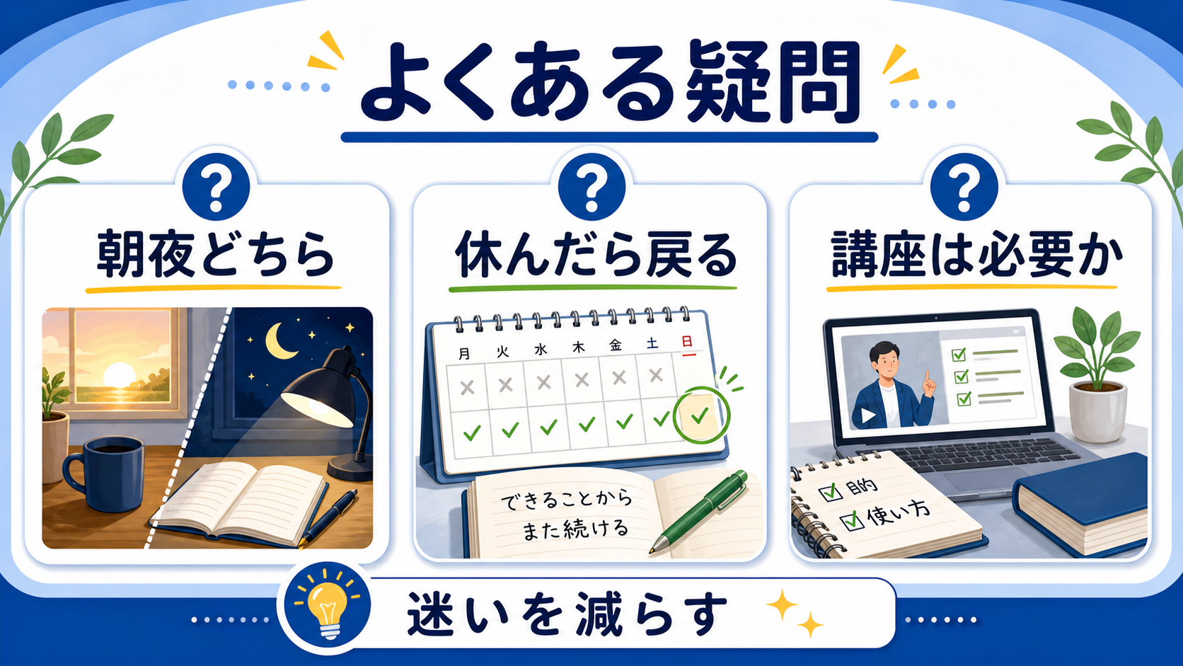 社会人の勉強習慣について朝夜、休んだ日、講座の必要性を整理した図