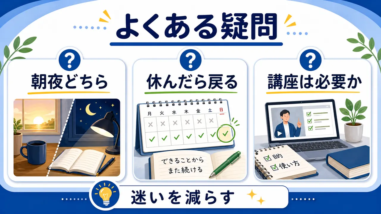 社会人の勉強習慣について朝夜、休んだ日、講座の必要性を整理した図