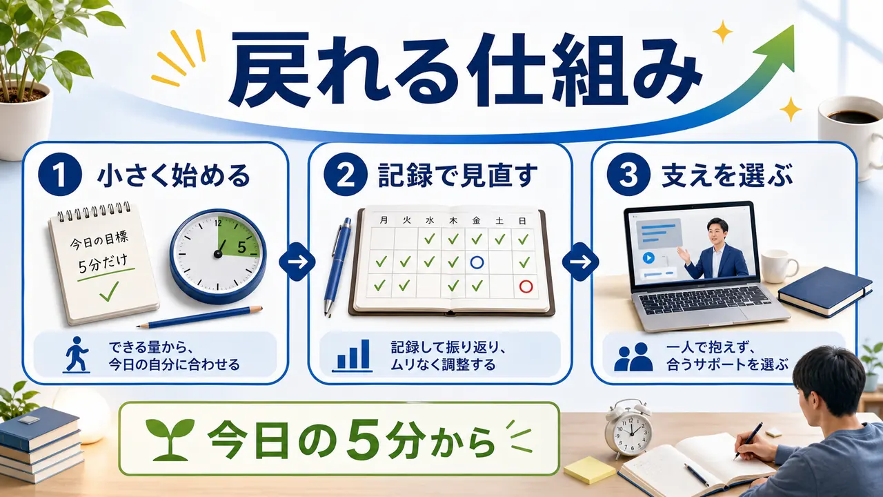 社会人が小さく始めて記録し支えを選び勉強を再開する図