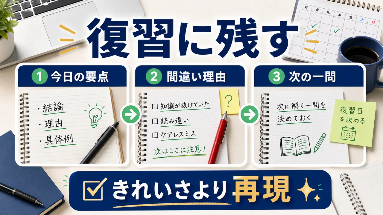 社会人の勉強ノートに今日の要点、間違い理由、次の一問を残す図