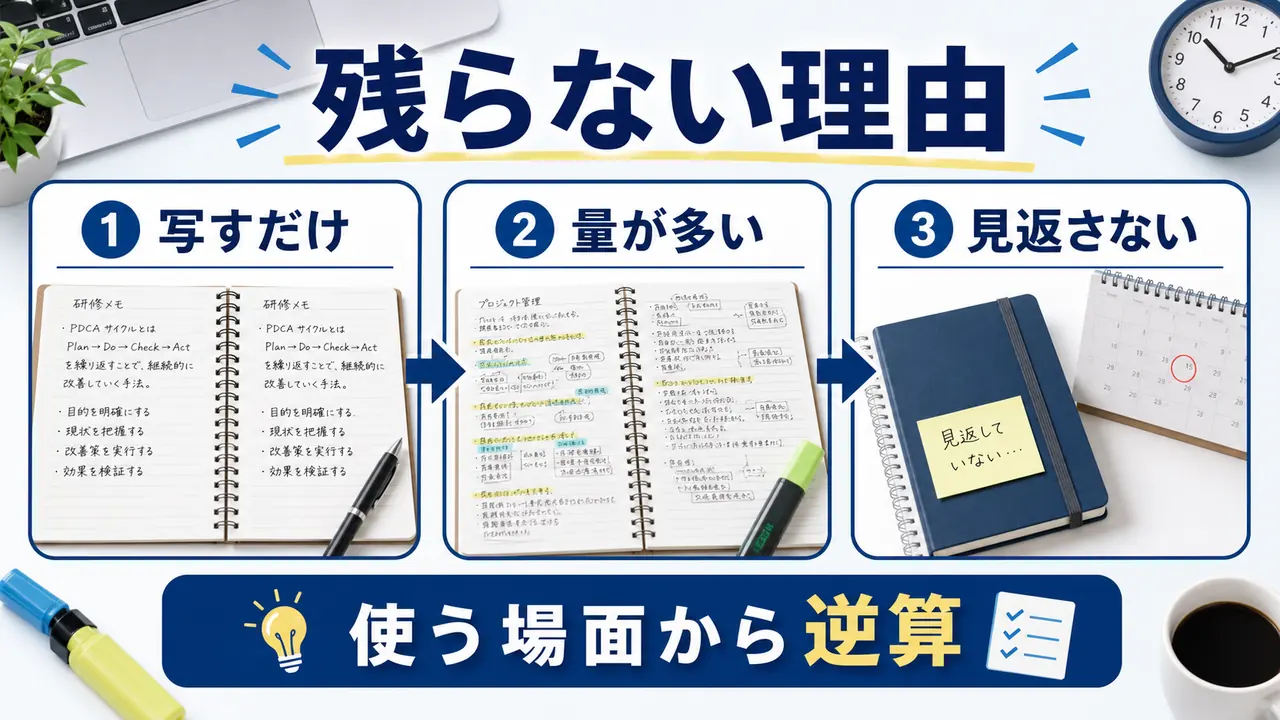 写すだけ、量が多い、見返さないことがノートの使いにくさにつながる図