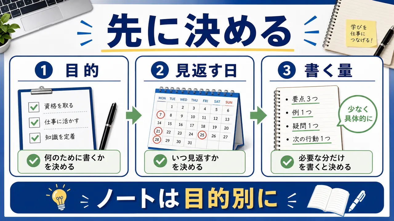 学習目的、見返す日、書く量を決めて社会人の勉強ノートを作る図