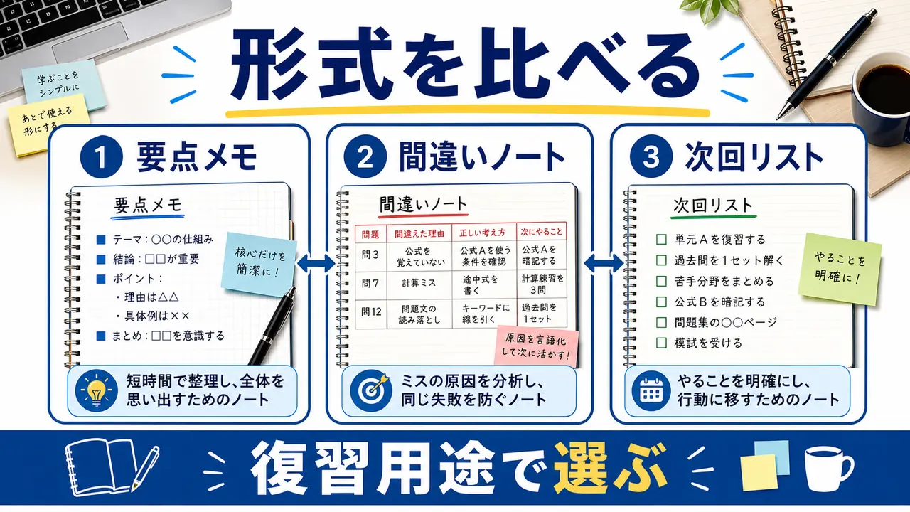 要点メモ、間違いノート、次回リストを比較する図