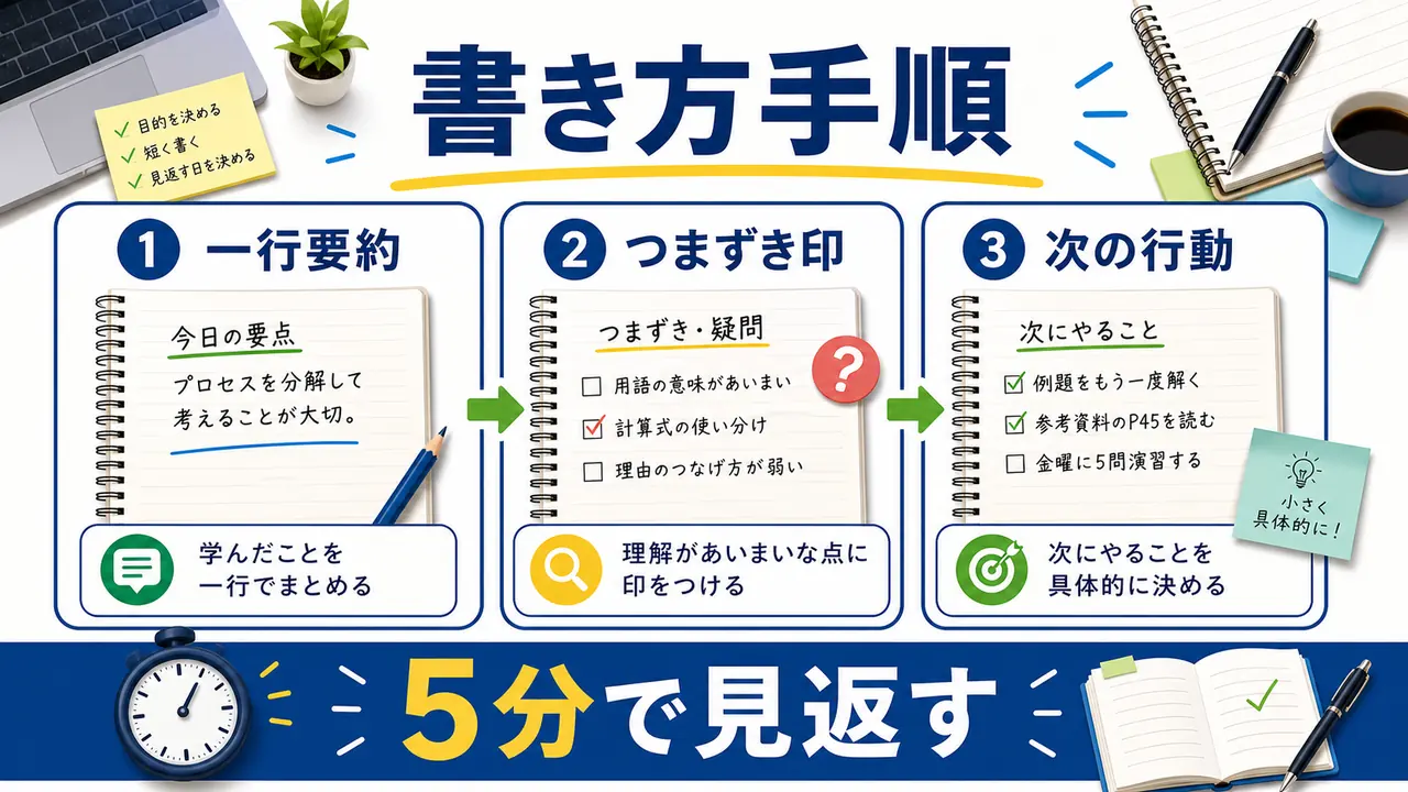 一行要約、つまずき印、次の行動を社会人の勉強ノートに残す図