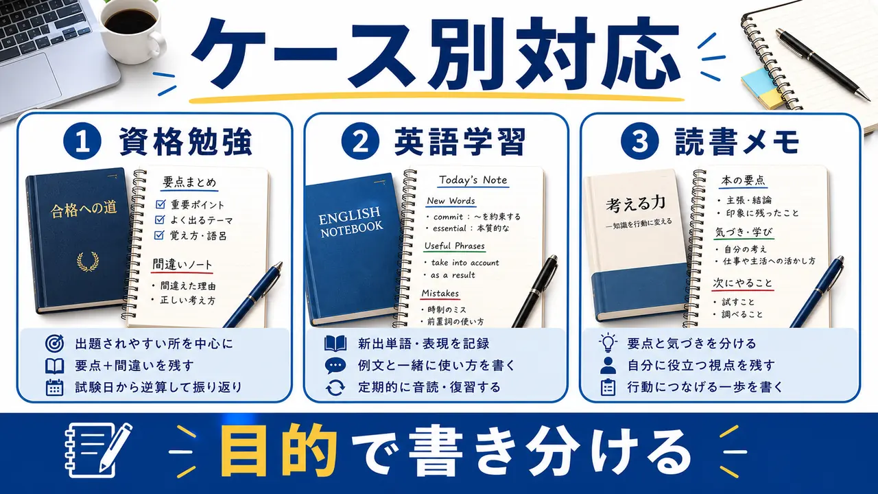 資格勉強、英語学習、読書メモのノートの残し方を分ける図