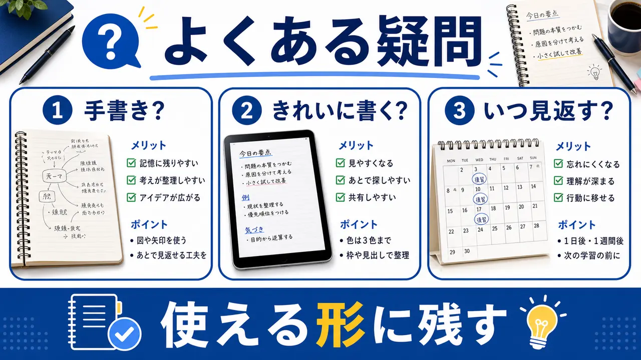 手書きかデジタルか、きれいに書くべきか、いつ見返すかを整理する図