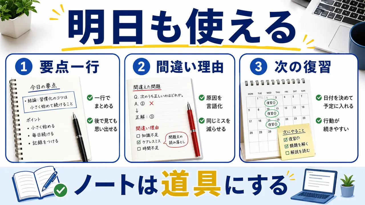 要点一行、間違い理由、次の復習を残して社会人のノートを使う図