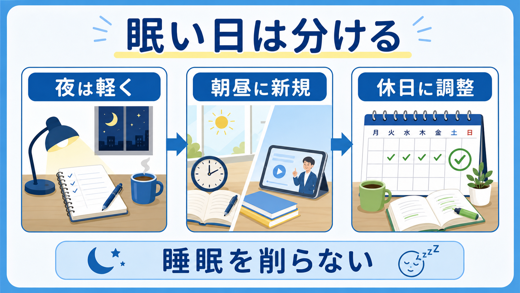 眠い日は夜を軽くし、朝昼と休日に学習を分ける図