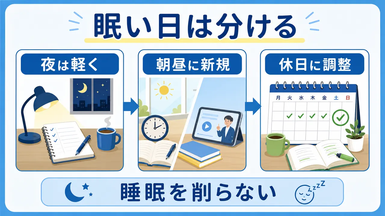 眠い日は夜を軽くし、朝昼と休日に学習を分ける図