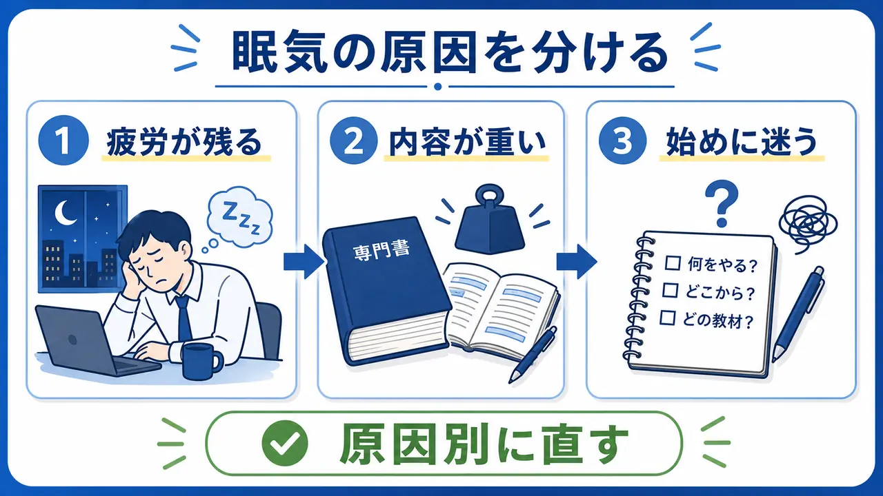 眠気の原因を疲労、内容の重さ、始める迷いに分ける図