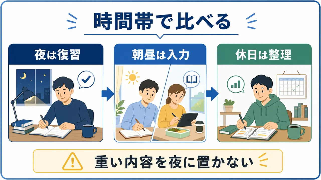夜、朝昼、休日の学び方を比較する図