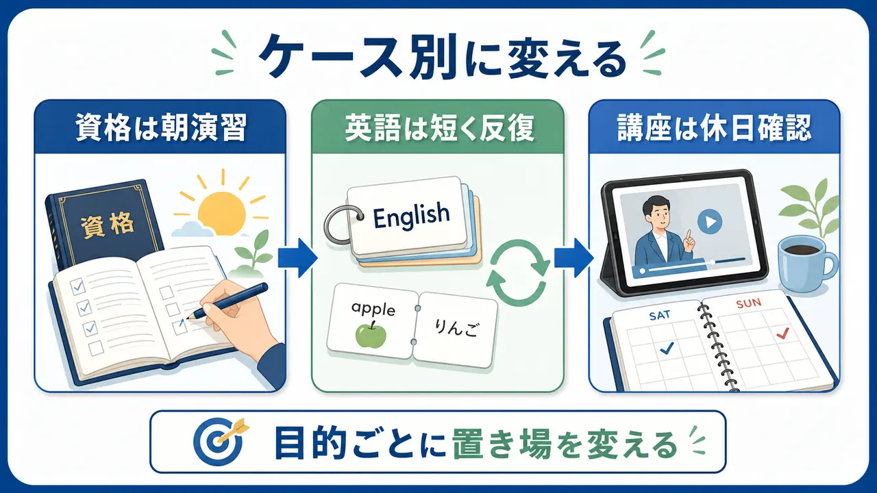 資格、英語、オンライン講座で学習の置き場を変える図