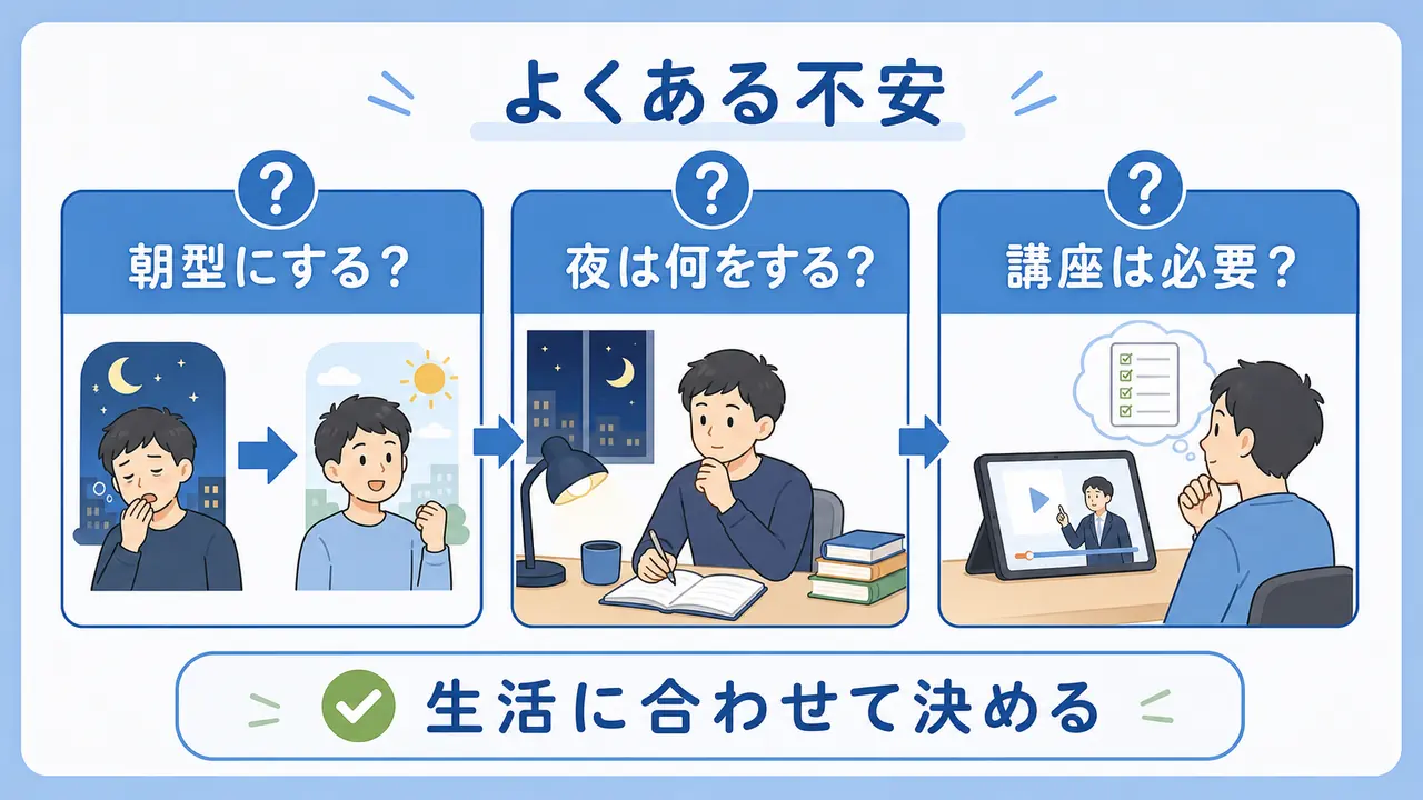 仕事後の眠気と学習計画でよくある不安を整理する図