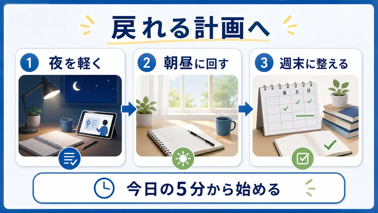 眠い夜を軽くし、朝昼と週末に学習を分けて戻れる計画にする図