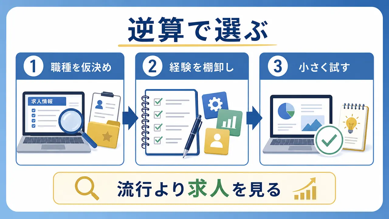 転職目的の学びを希望職種、経験、小さな実践から逆算して選ぶ図