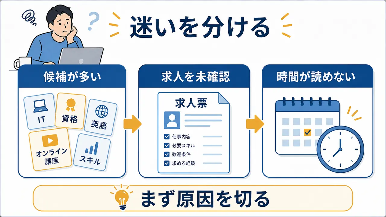 転職前に何を学ぶべきか迷う理由を候補、求人、時間に分けた図