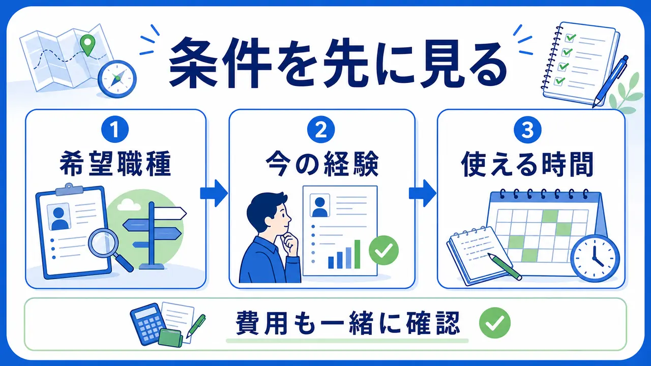 転職前の学びを決める前に希望職種、今の経験、使える時間を確認する図