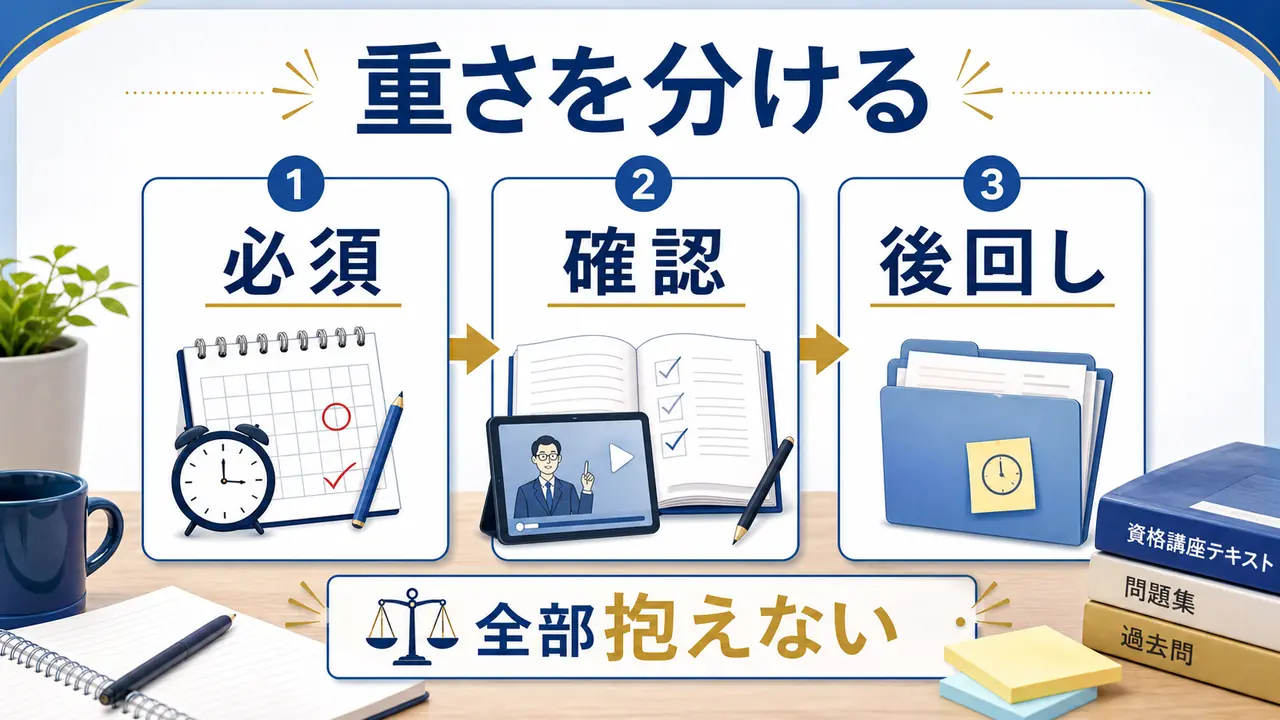 資格講座の課題を必須、確認、後回しに分ける図